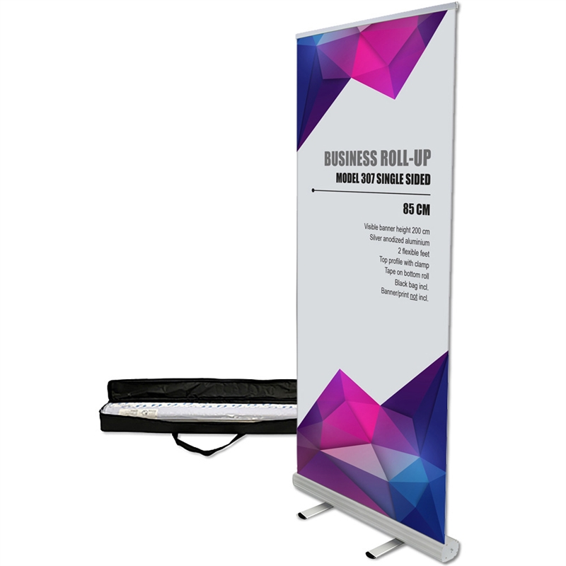 Business Roll-up Enkeltsidet 85 Cm Alu Sølv Inkl Taske Med Lang Lynlås Og Bannerprint