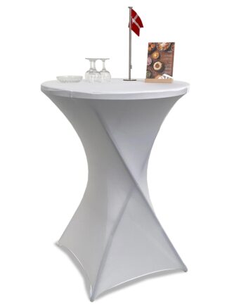 Event Table Rundt   80cm Højde 110cm  Hvid Plade Med Stål Stel Med Elastisk Hvid Dug