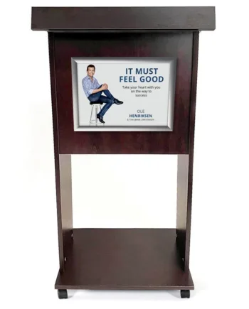 Wood Podium  Talerstol   Sort Træ Med Med   Hjul Og A3 Ramme   Sølv Fast Fix
