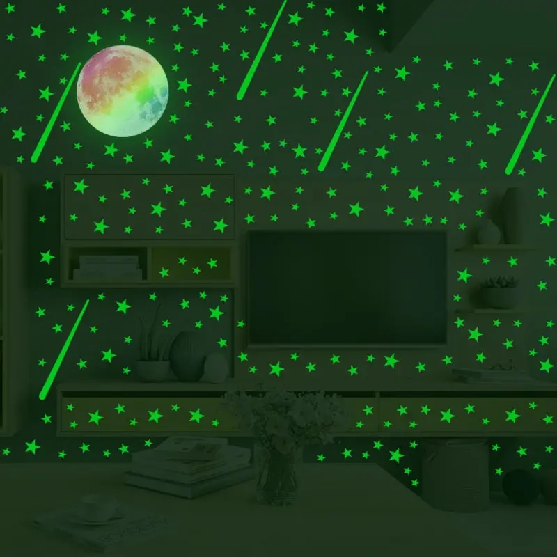 Flot Selvlysende Wallsticker Med Meteor Regn  Måne  Meteorer Og Masser Af Stjerner  474 Stk
