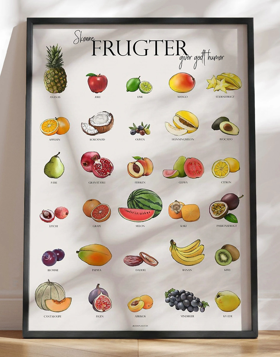 Køkkenplakat Med Frugter 30 Håndtegnede Frugter   Dejlige Farver
