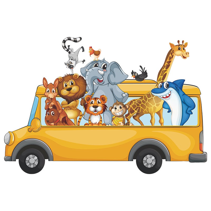 Dyrebus Wallsticker   Flotte Farver  Wallsticker Med Søde Dyr   En Bus