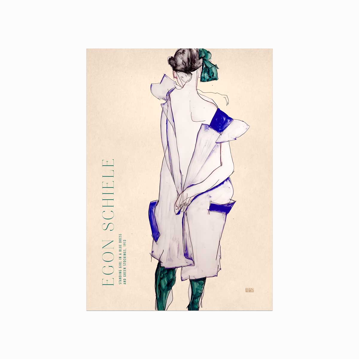 Egon Schiele  Standing Girl In   Blue Dress And Green Stockings