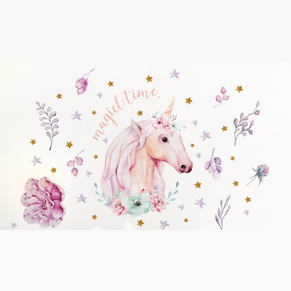 Enhjørning Wallsticker Med Blomster Og Stjerner  Magicl Time