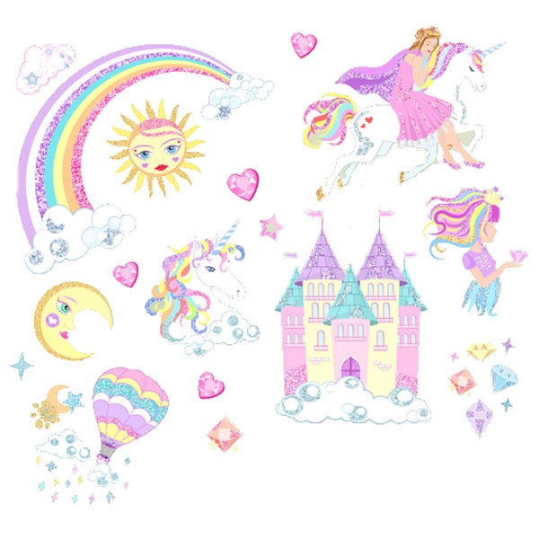 Glitter Wallsticker Med Prinsesser  Enhjørninger  Regnbue Mm