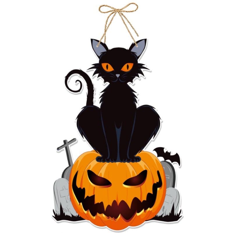 Hængende Halloween Vægdekoration  Sort Kat På Skræmmende Græskar