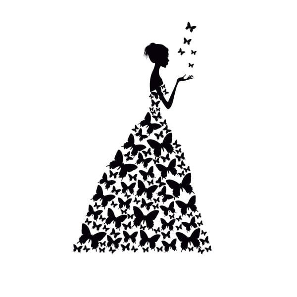 Pige Med Sommerfuglekjole Wallsticker  89x58 Cm  Sort
