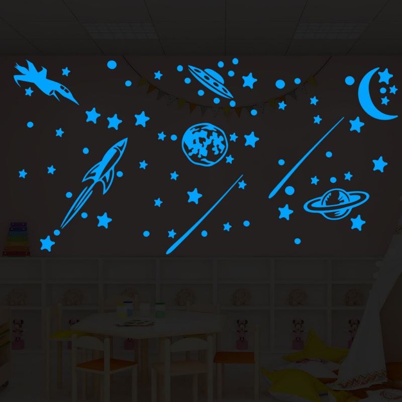 Selvlysende Wallsticker Med Stjernehimmel  Rumskib  Ufoer  Planeter Mm  Blå