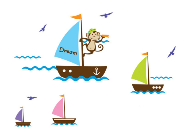 Sjov Wallsticker Med En Sejlende Abe Samt Ekstra Skibe