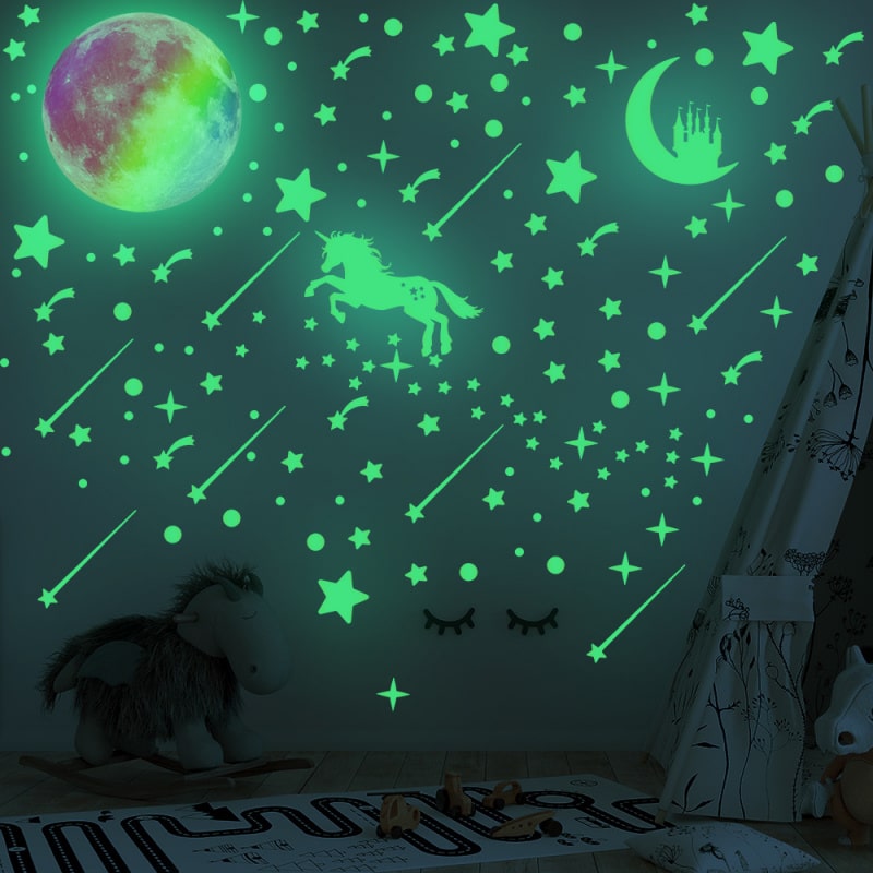 Sød Selvlysende Wallsticker Med En Flot Stjernehimmel  Enhjørning  Eventyr  Måne Og Stjerner  297 Stk