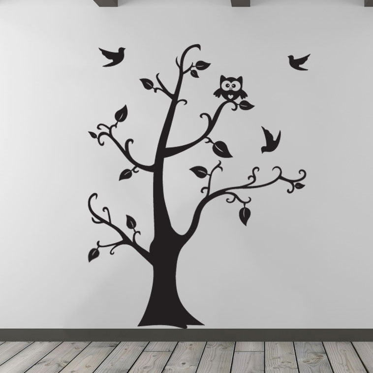 Stort Træ Med Ugle Wallsticker