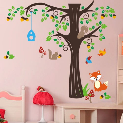 Træ Med Fuglehus Og Dyr Wallsticker