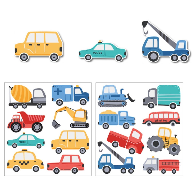 Transportmiddel Wallsticker Med Biler  Politibiler  Ambulancer  Brandbiler  Traktorer  Lastbiler Mm  48 Stk