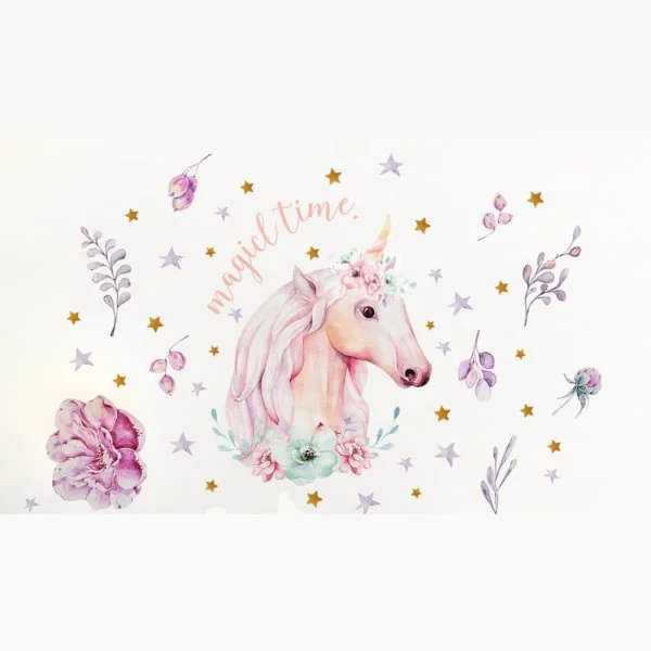 Enhjørning Wallsticker Med Blomster Og Stjerner  Magicl Time