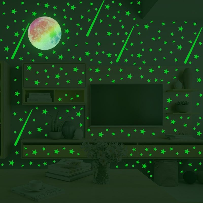 Flot Selvlysende Wallsticker Med Meteor Regn  Måne  Meteorer Og Masser Af Stjerner  474 Stk