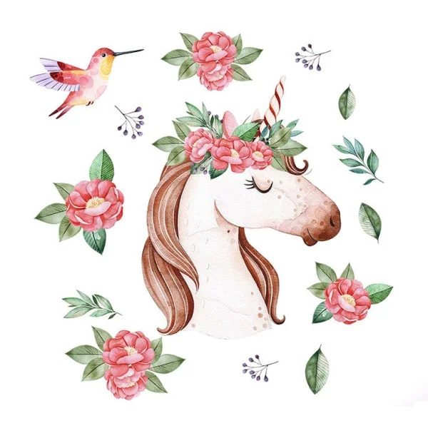 Flot Wallsticker Med Enhjørning  Kolibri Og Masser Af Blomster