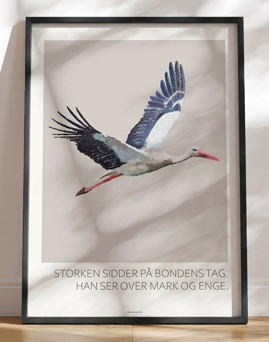 Plakat Med Stork Trækulstegning Af Danmarks Sjældne Gæst